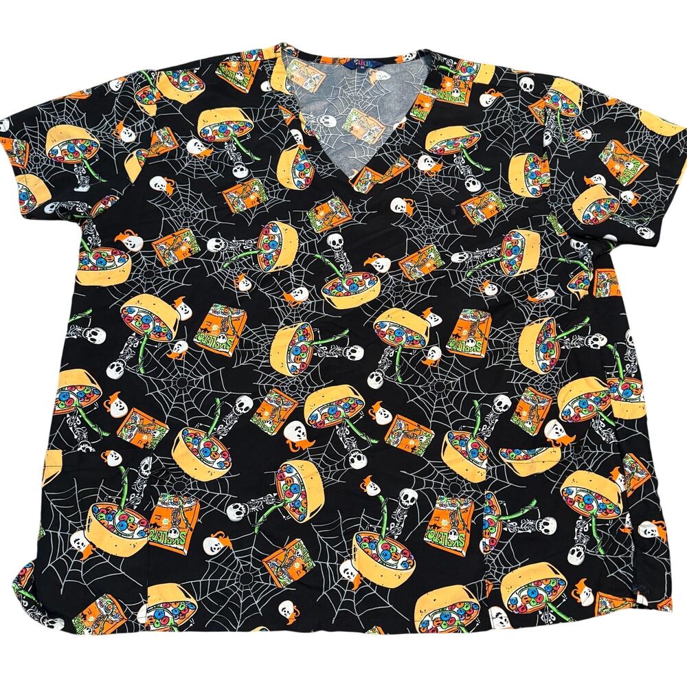 Zikit Plus Size 3X Halloween Scrub Top Skeletons Cereal Spiderwebs Black